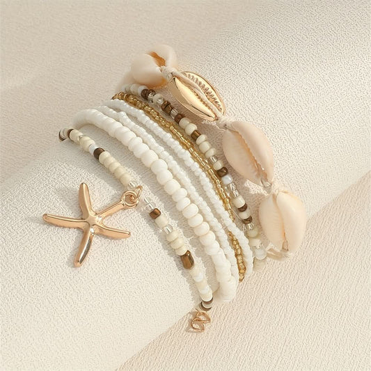 Pack of 7-Piece Boho Shell Starfish Bracelet Set