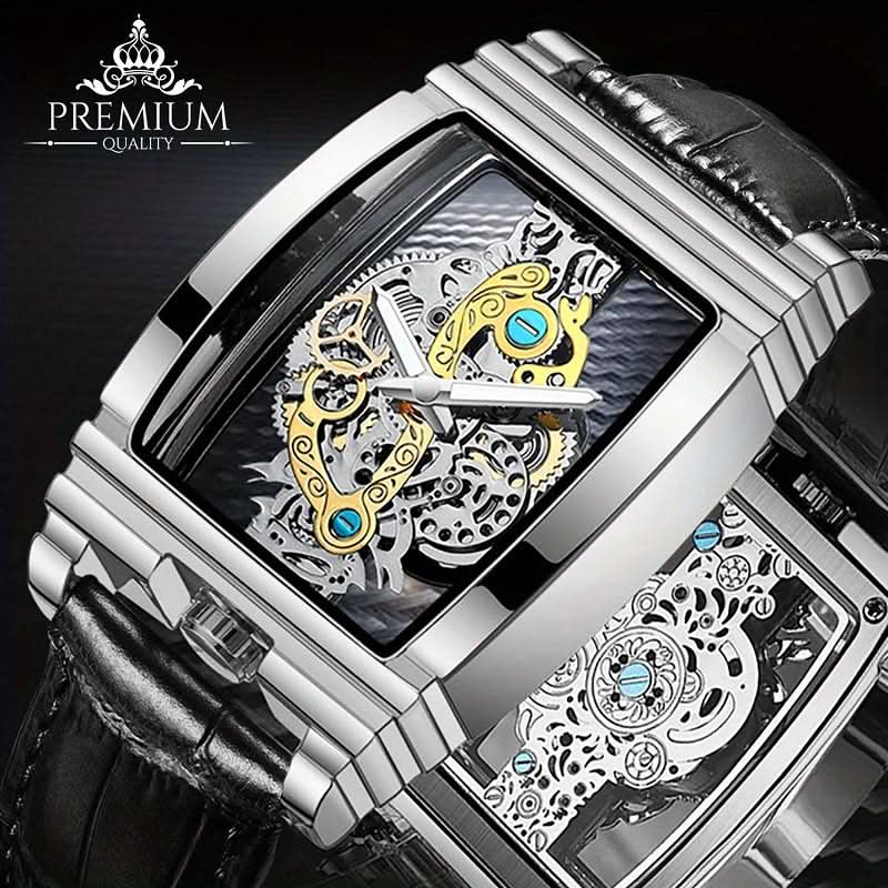 Men's Skeleton Quartz Watch – Retro Gear Design, Rectangular Dial With Leather Strap