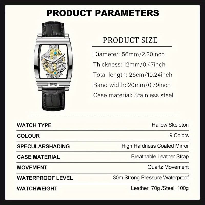 Men's Skeleton Quartz Watch – Retro Gear Design, Rectangular Dial With Leather Strap