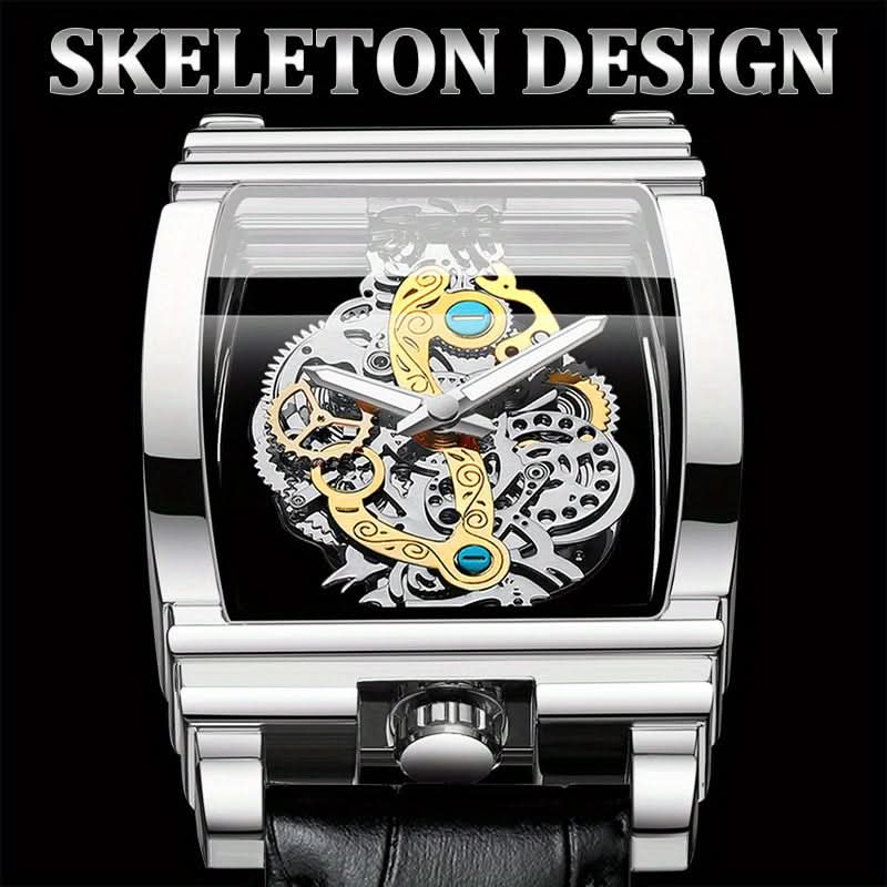 Men's Skeleton Quartz Watch – Retro Gear Design, Rectangular Dial With Leather Strap