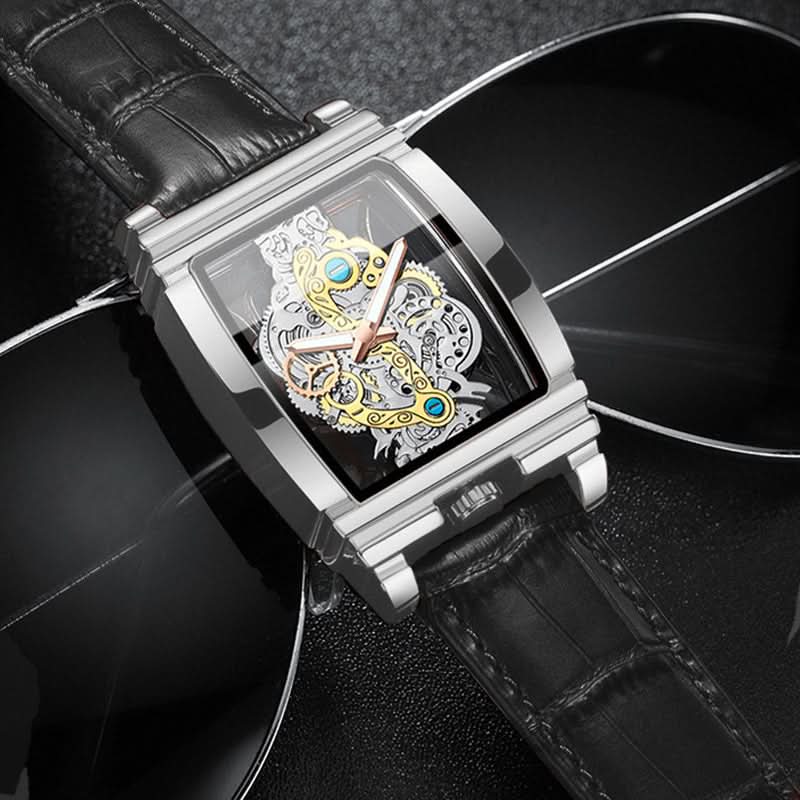 Men's Skeleton Quartz Watch – Retro Gear Design, Rectangular Dial With Leather Strap