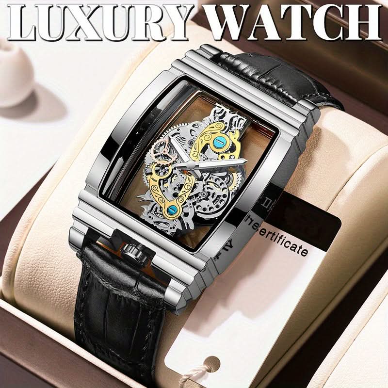 Men's Skeleton Quartz Watch – Retro Gear Design, Rectangular Dial With Leather Strap