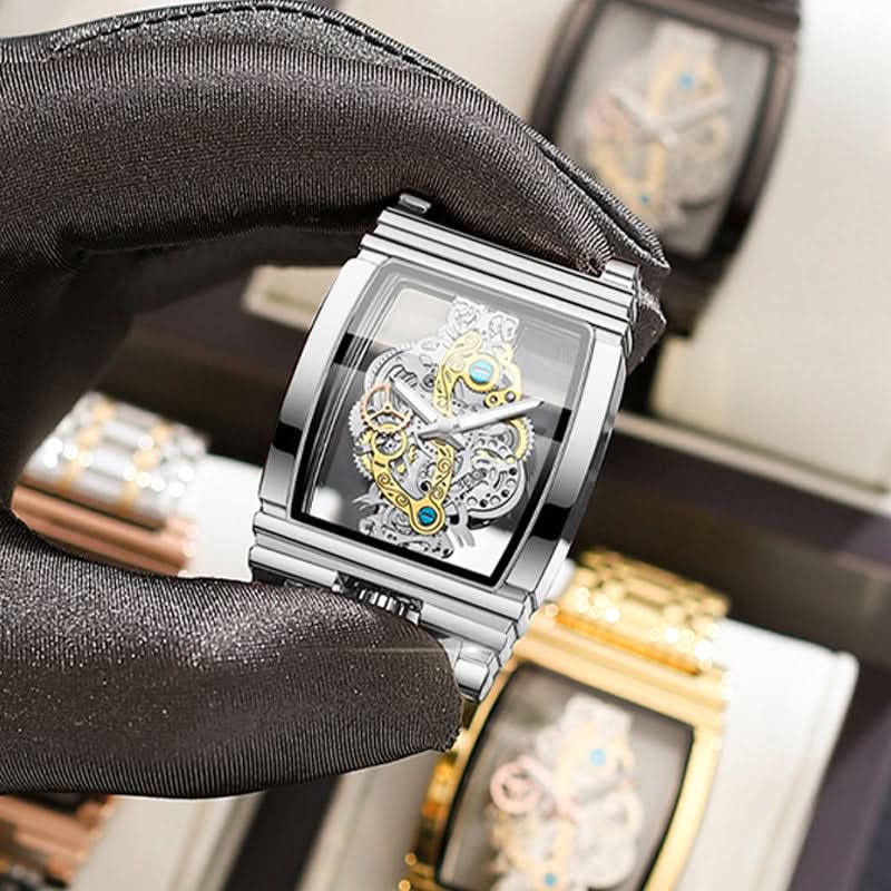 Men's Skeleton Quartz Watch – Retro Gear Design, Rectangular Dial With Leather Strap