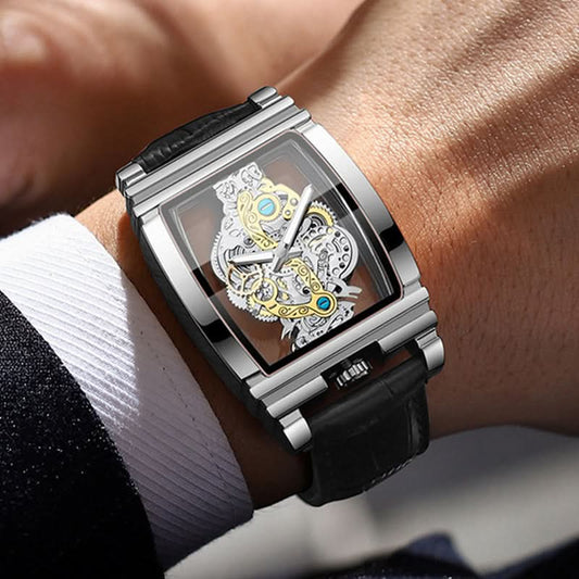 Men's Skeleton Quartz Watch – Retro Gear Design, Rectangular Dial With Leather Strap