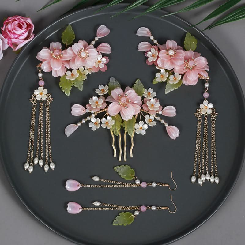 Chinese-Style Pink Flower Hair Clip Set