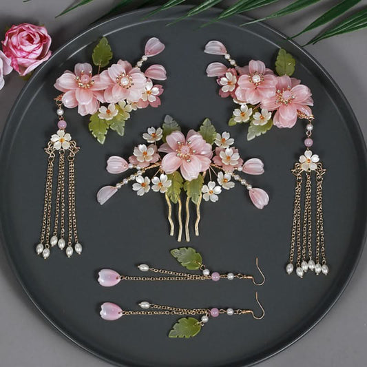 Chinese-Style Pink Flower Hair Clip Set