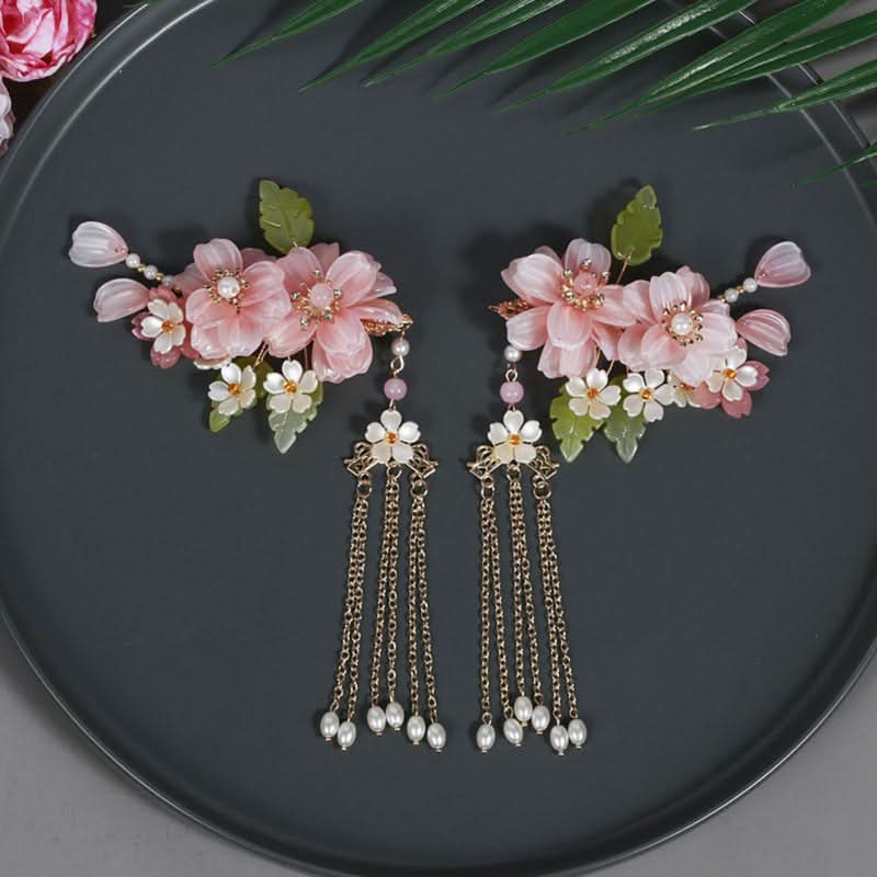 Chinese-Style Pink Flower Hair Clip Set