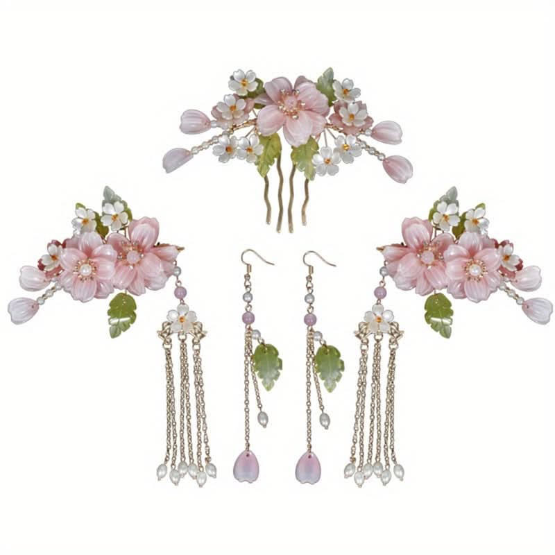 Chinese-Style Pink Flower Hair Clip Set
