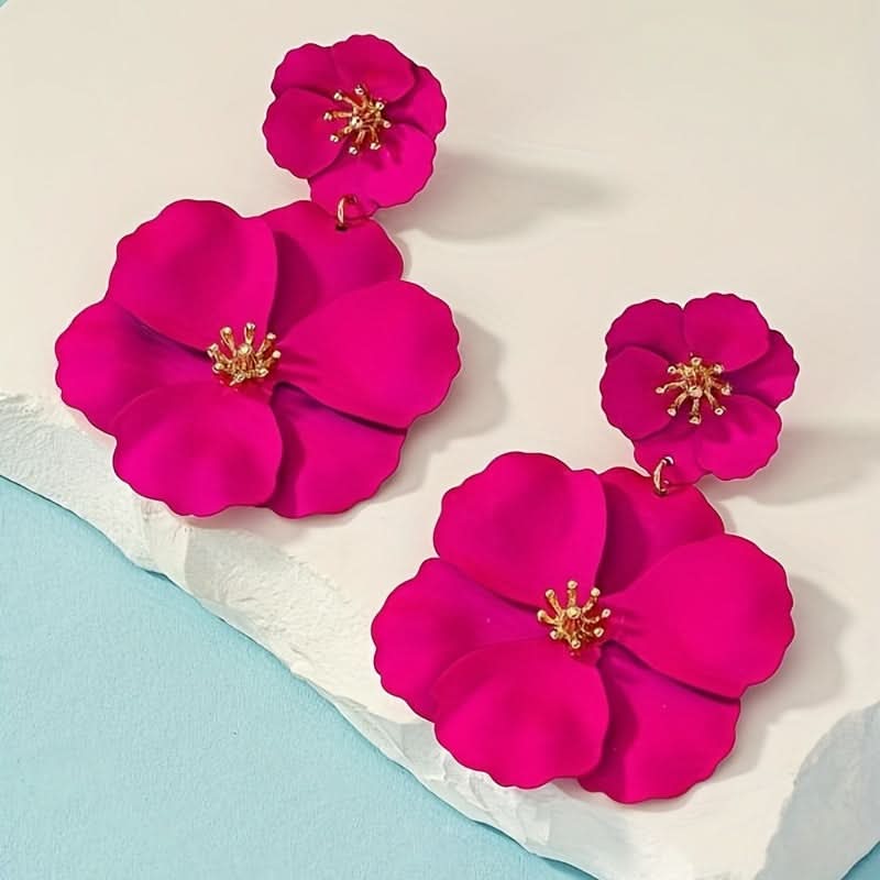 Boho Hot Pink Floral Dangle Earrings