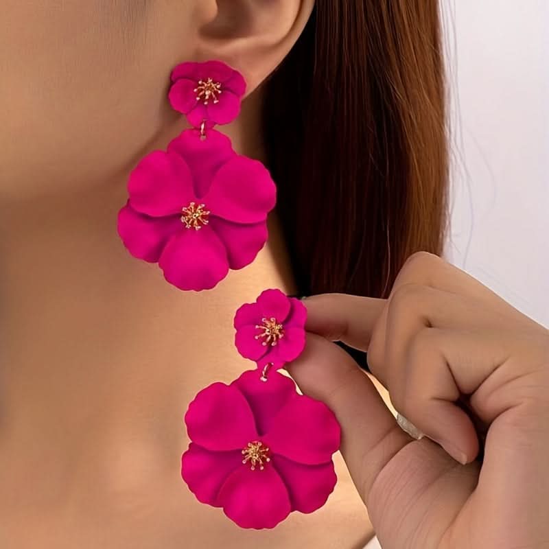 Boho Hot Pink Floral Dangle Earrings