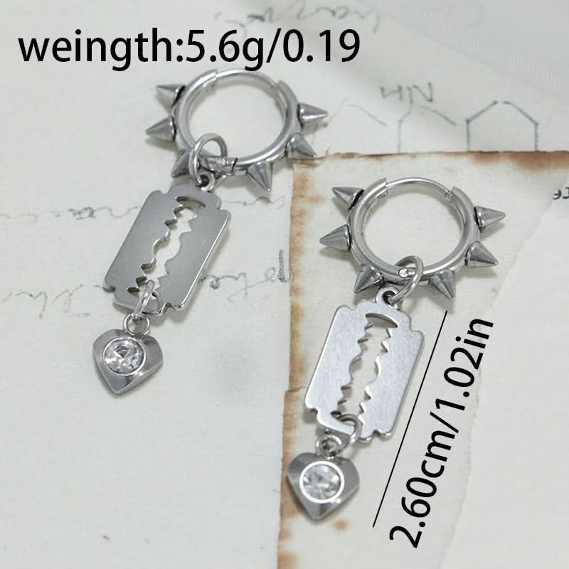 Vintage Heart Blade Hoop Earrings with Rhinestones