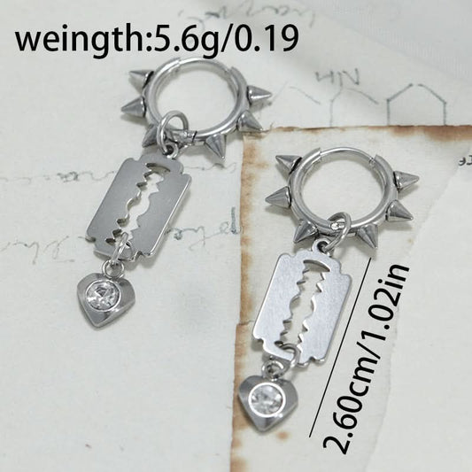 Vintage Heart Blade Hoop Earrings with Rhinestones