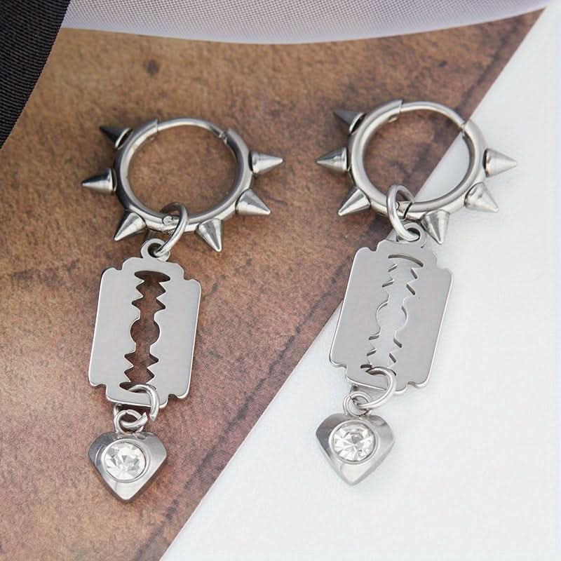 Vintage Heart Blade Hoop Earrings with Rhinestones