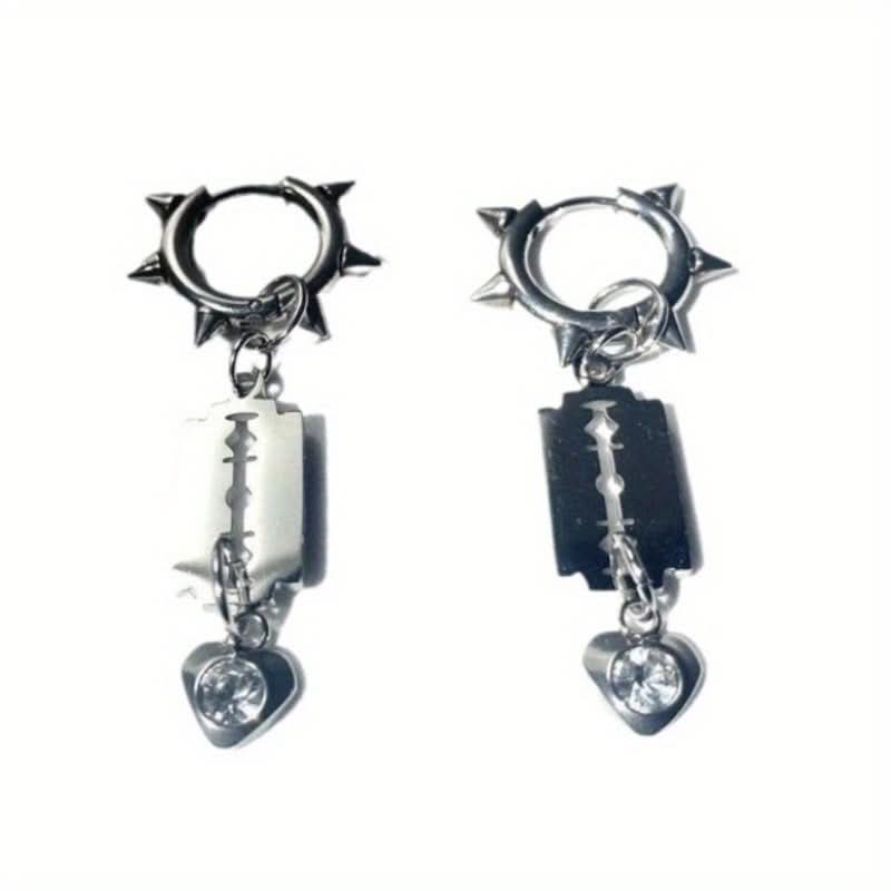 Vintage Heart Blade Hoop Earrings with Rhinestones