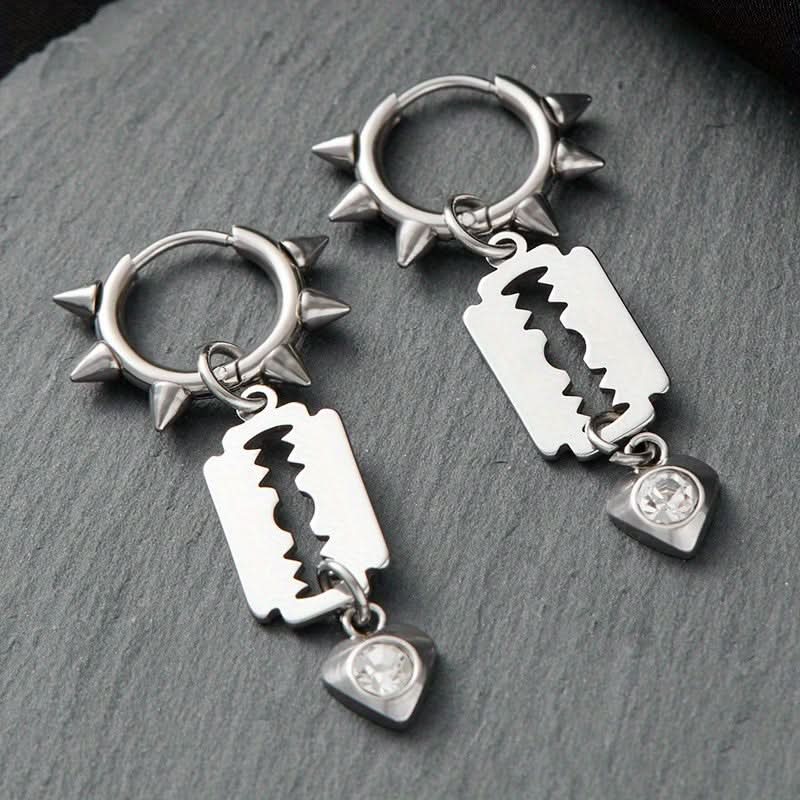 Vintage Heart Blade Hoop Earrings with Rhinestones