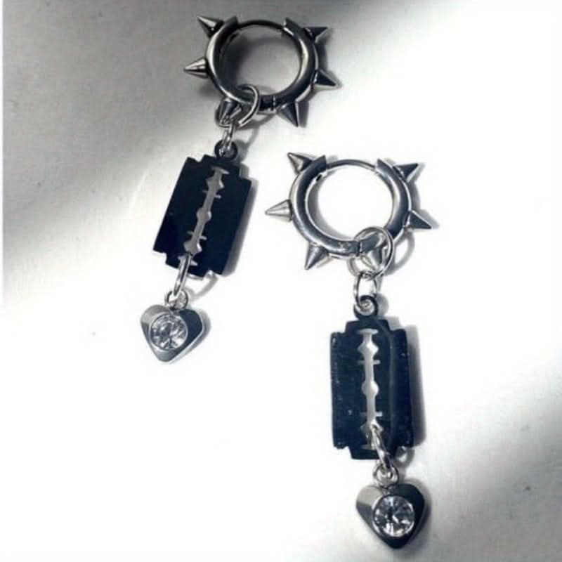 Vintage Heart Blade Hoop Earrings with Rhinestones