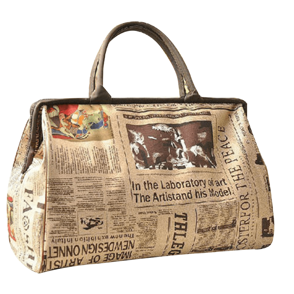 Vintage Newspaper Print Canvas Luggage Handbag