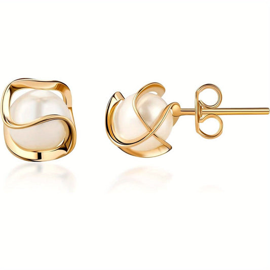 Gold Caged Pearl Stud Earrings