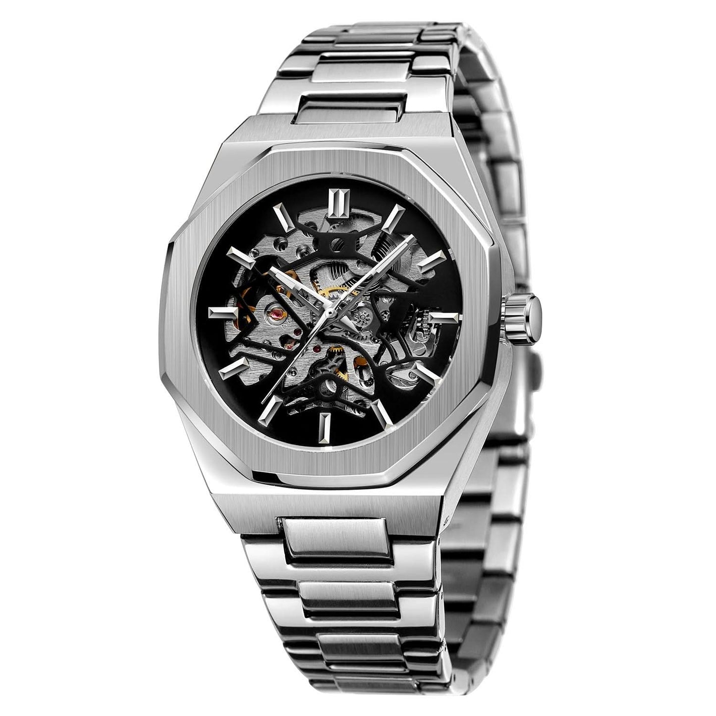 Men's Skeleton Mechanical Watch – Alloy Strap, Transparent Back