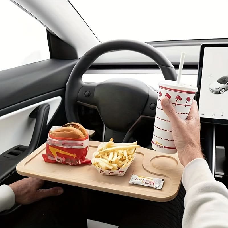 Multifunctional Car Tray with Bamboo Steering Wheel Desk, for Eating and Working