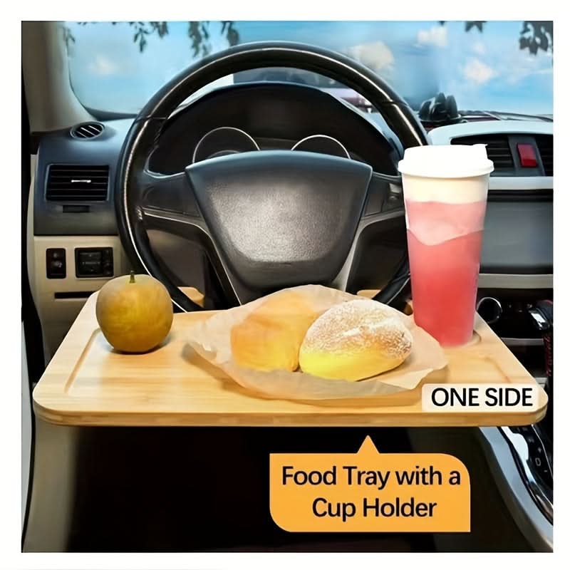 Multifunctional Car Tray with Bamboo Steering Wheel Desk, for Eating and Working