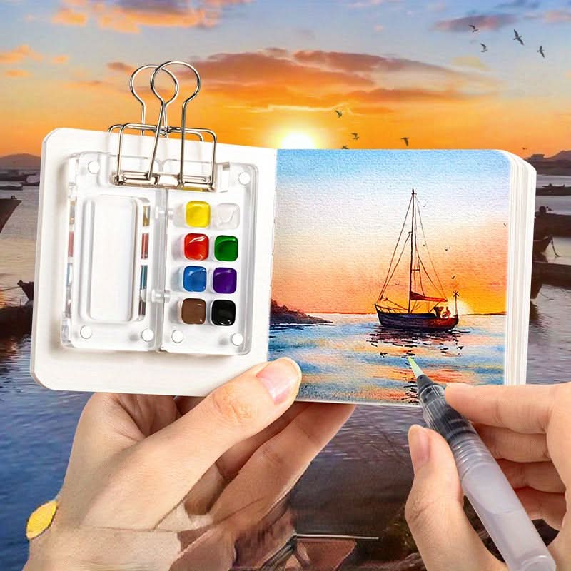 Portable Mini Watercolor Paint Box – Acrylic Travel Palette with Ledger