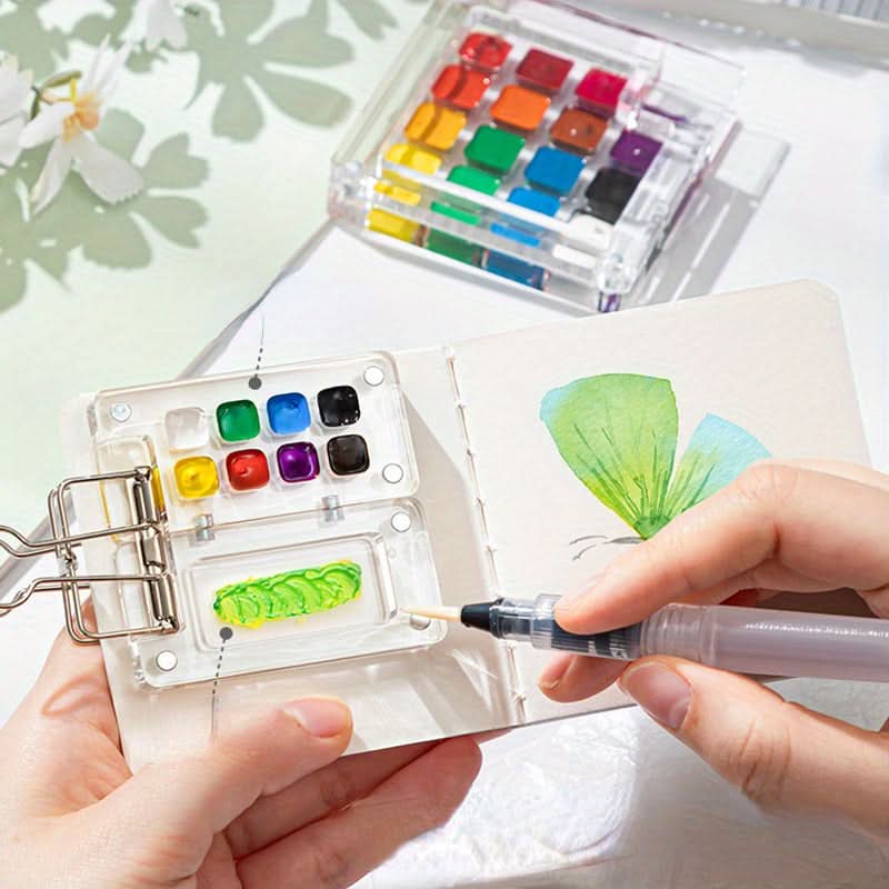 Portable Mini Watercolor Paint Box – Acrylic Travel Palette with Ledger