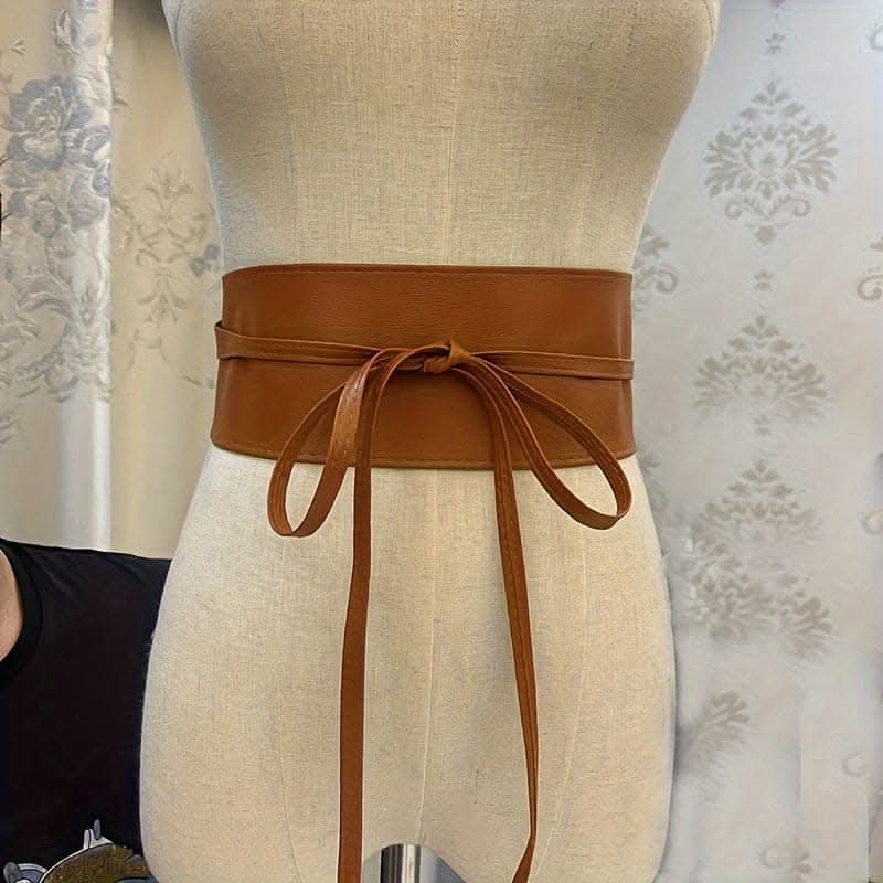 Vintage Wide PU Waist Belt with Bow Accent