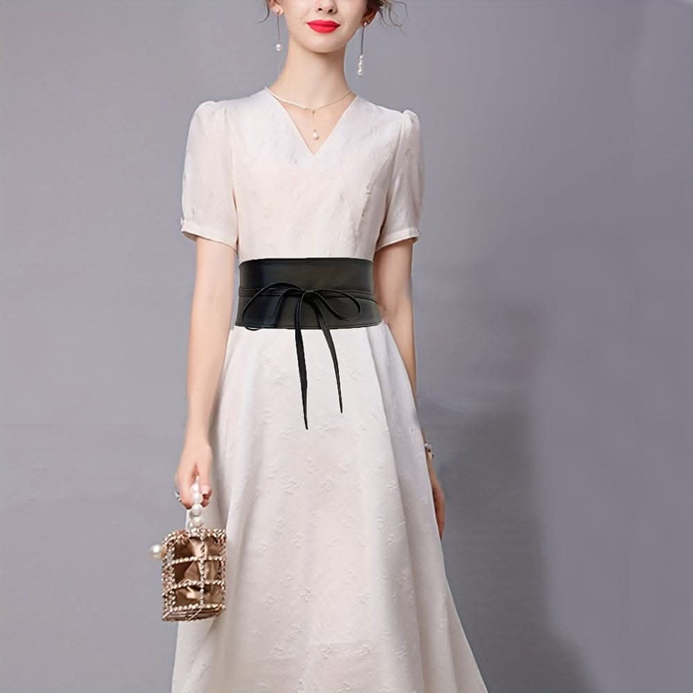 Vintage Wide PU Waist Belt with Bow Accent