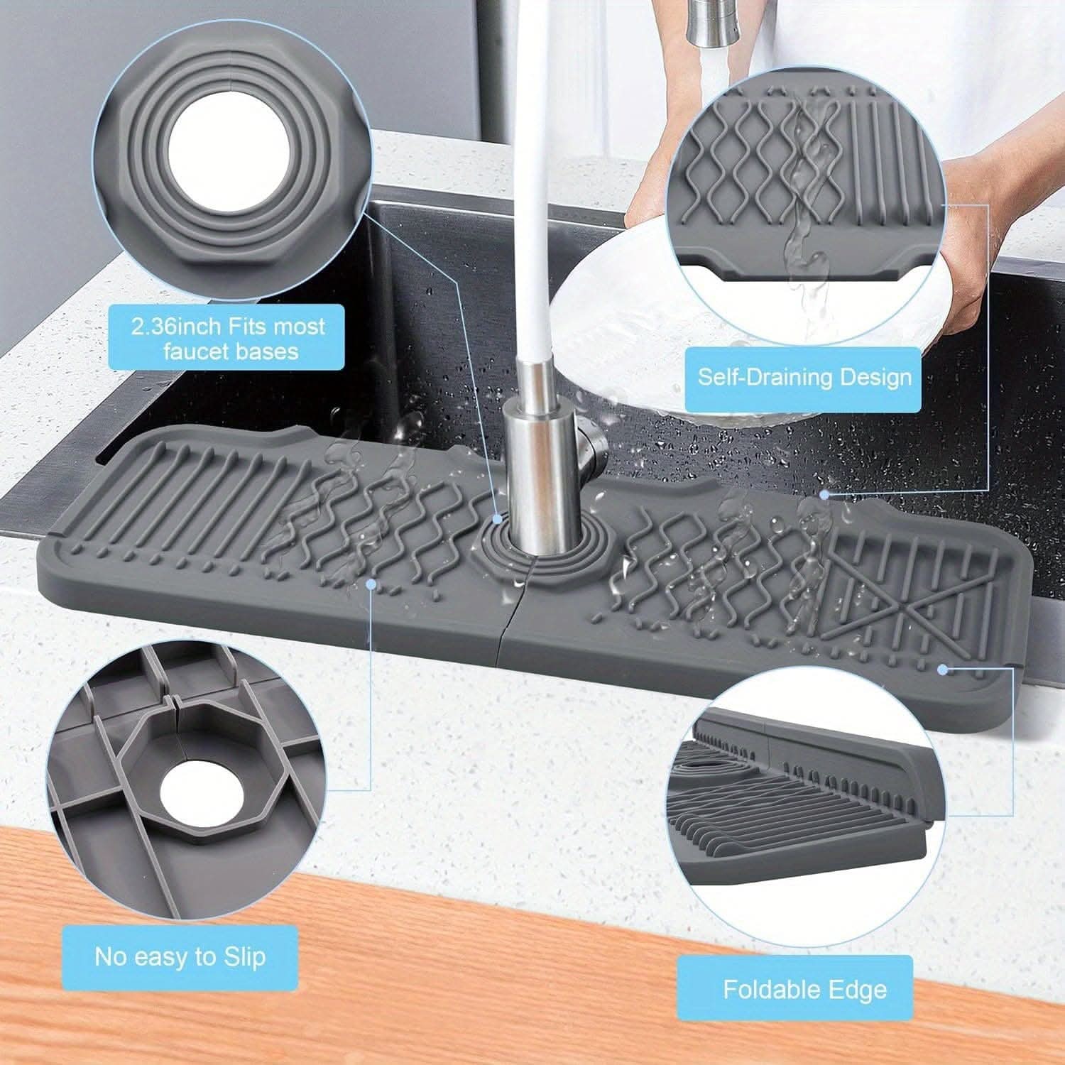 Silicone Sink Faucet Mat - Non-Slip Splash Guard with Fast Draining Design