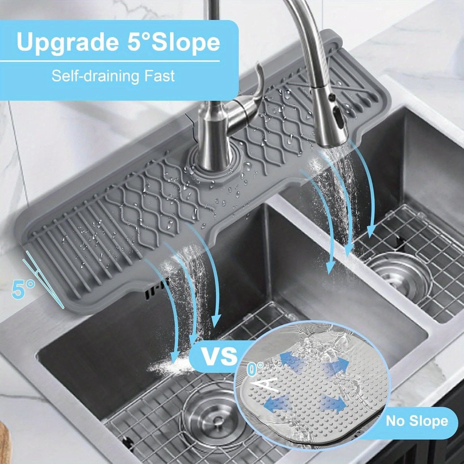 Silicone Sink Faucet Mat - Non-Slip Splash Guard with Fast Draining Design