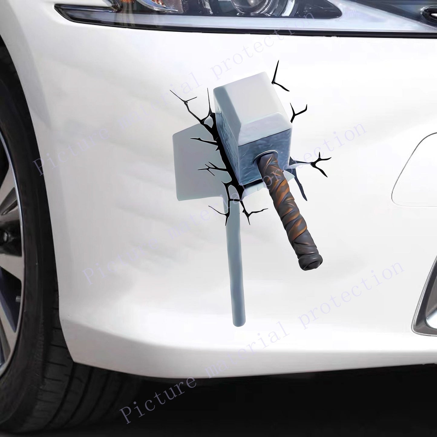 3D Cracked Hammer Car Sticker – Creative PE Magnet Decal with Visual Impact