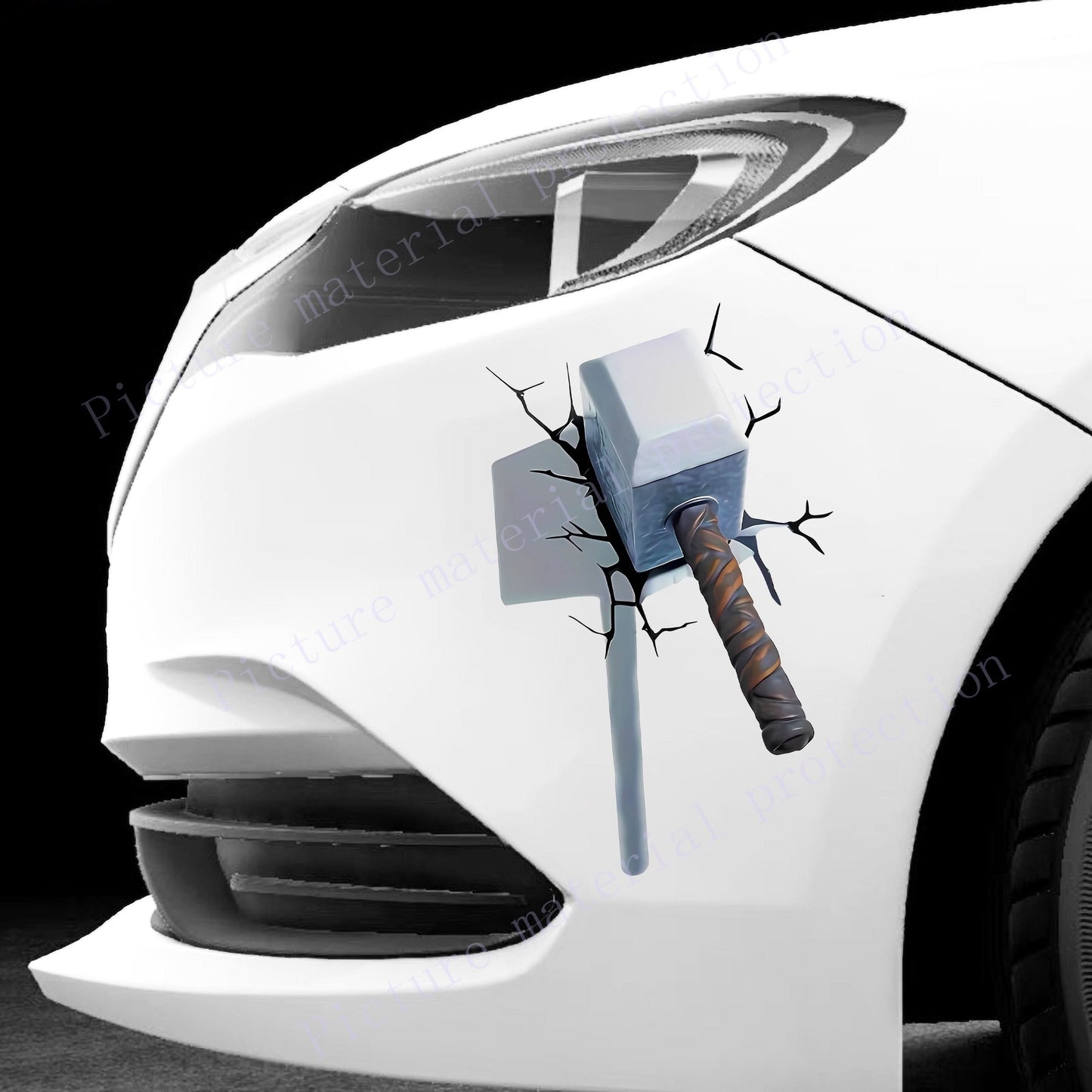 3D Cracked Hammer Car Sticker – Creative PE Magnet Decal with Visual Impact