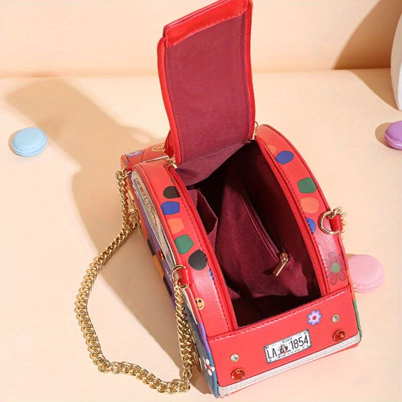Colorful Car-Shaped Handbag – Floral PU Leather Shoulder Bag
