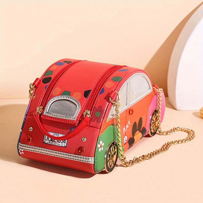 Colorful Car-Shaped Handbag – Floral PU Leather Shoulder Bag