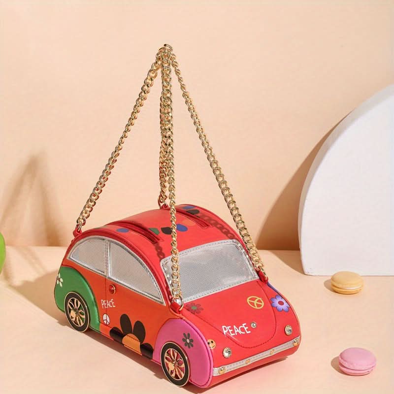 Colorful Car-Shaped Handbag – Floral PU Leather Shoulder Bag