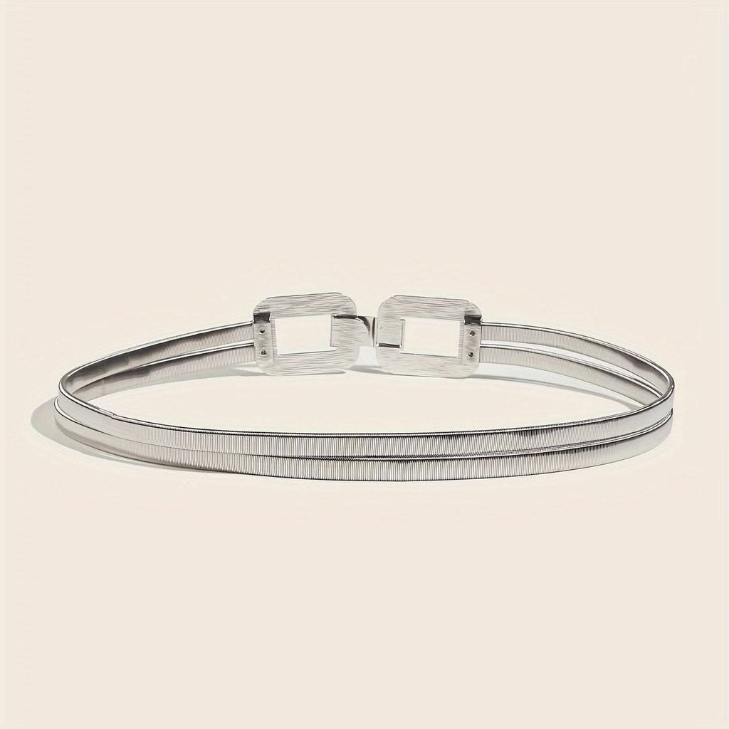 Women's Silver Double-Buckle Elastic Waist Belt – Elegant Metal Thin Waist Seal