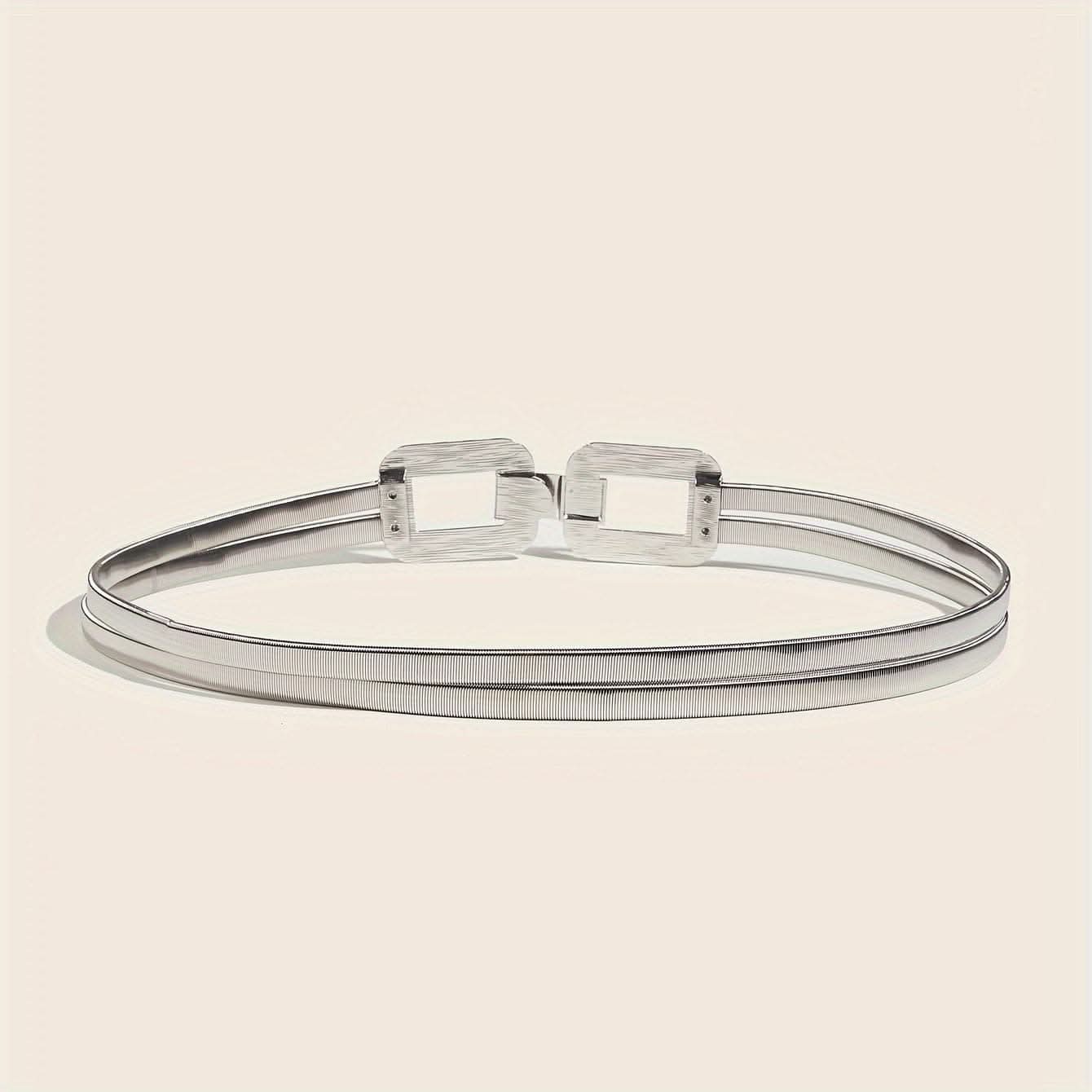 Women's Silver Double-Buckle Elastic Waist Belt – Elegant Metal Thin Waist Seal