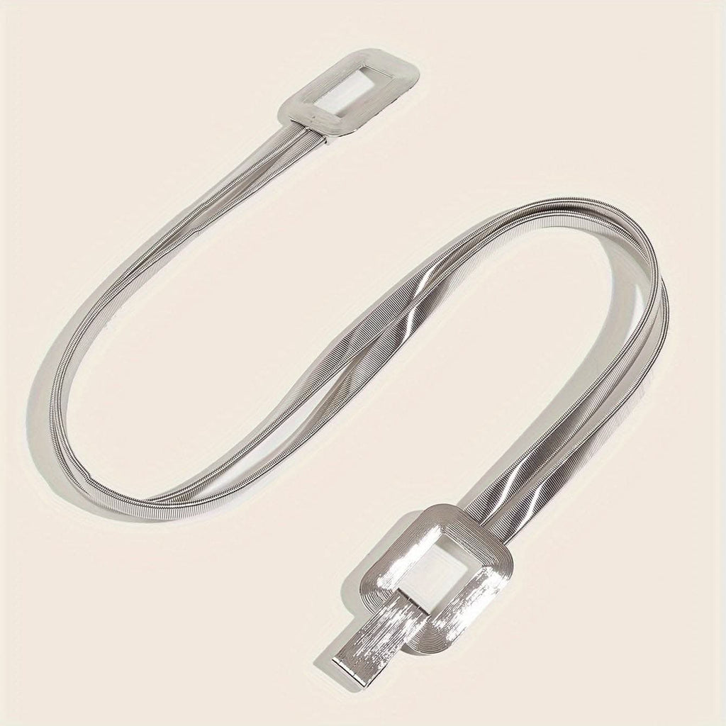 Women's Silver Double-Buckle Elastic Waist Belt – Elegant Metal Thin Waist Seal