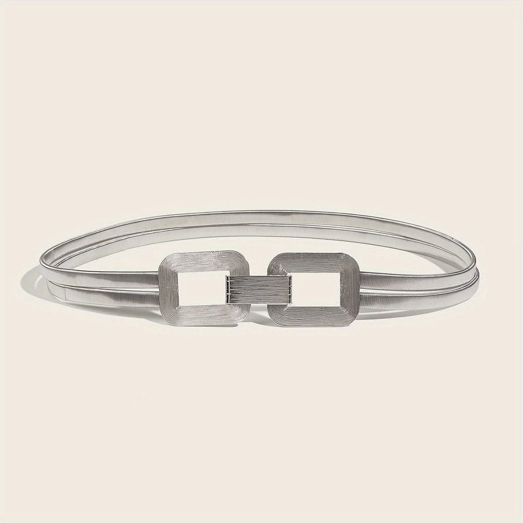 Women's Silver Double-Buckle Elastic Waist Belt – Elegant Metal Thin Waist Seal