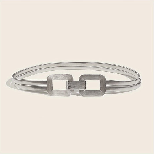 Women's Silver Double-Buckle Elastic Waist Belt – Elegant Metal Thin Waist Seal