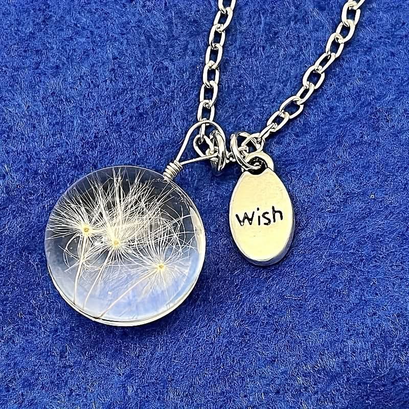 Dandelion Glass Pendant Necklace, Silver-Plated Charm