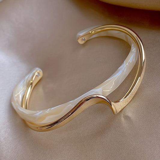 Gold Plated Wave Cuff Bangle with Faux Pearl