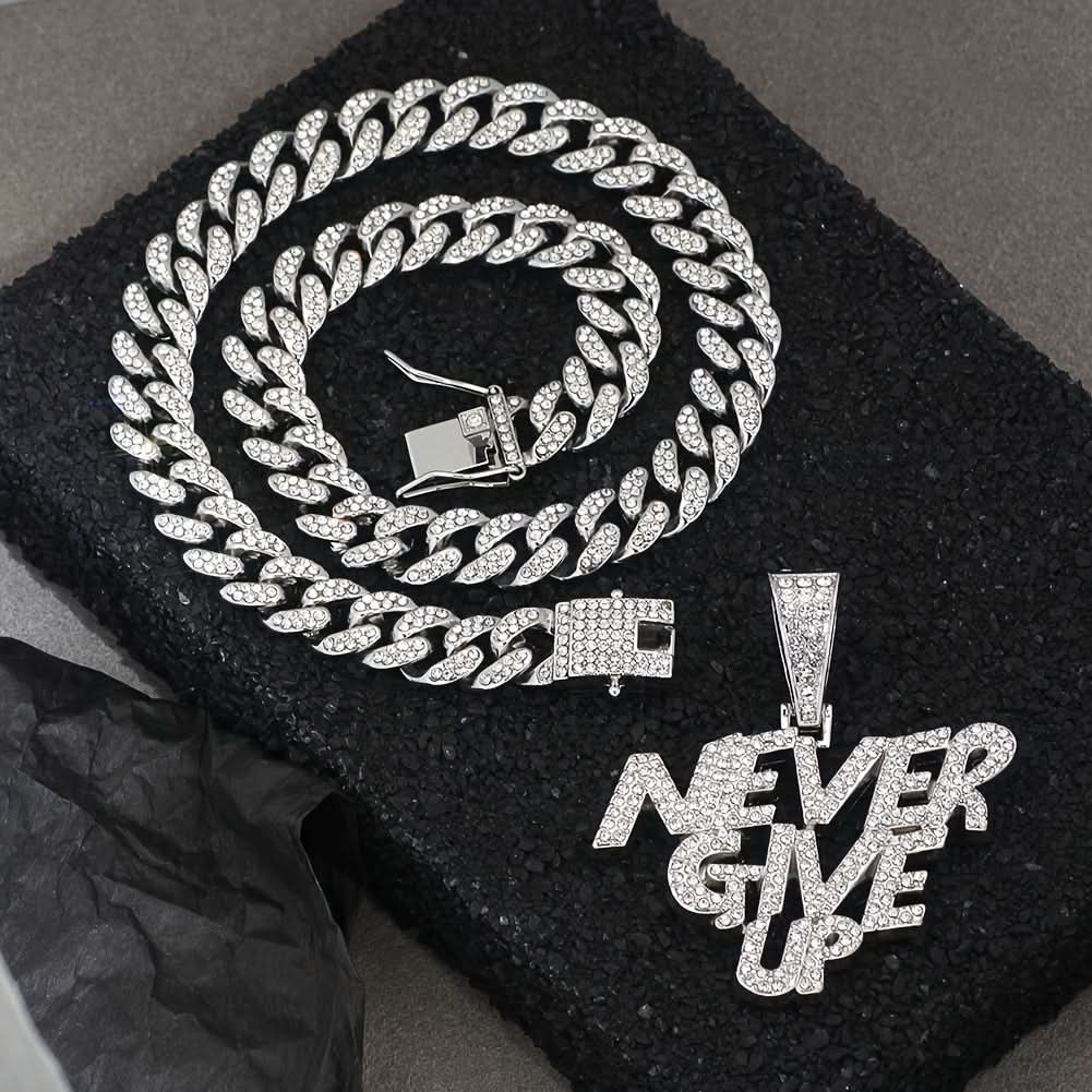 Men's Ice Cuban Chain NEVERGIVEUP Pendant Necklace