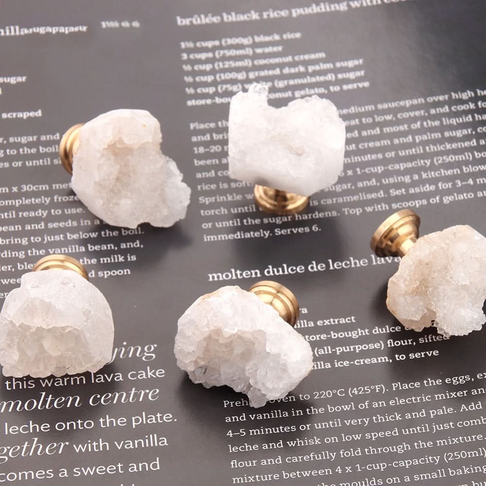6-Pack White Crystal Stone Drawer Pulls – Natural Raw Stone Handles