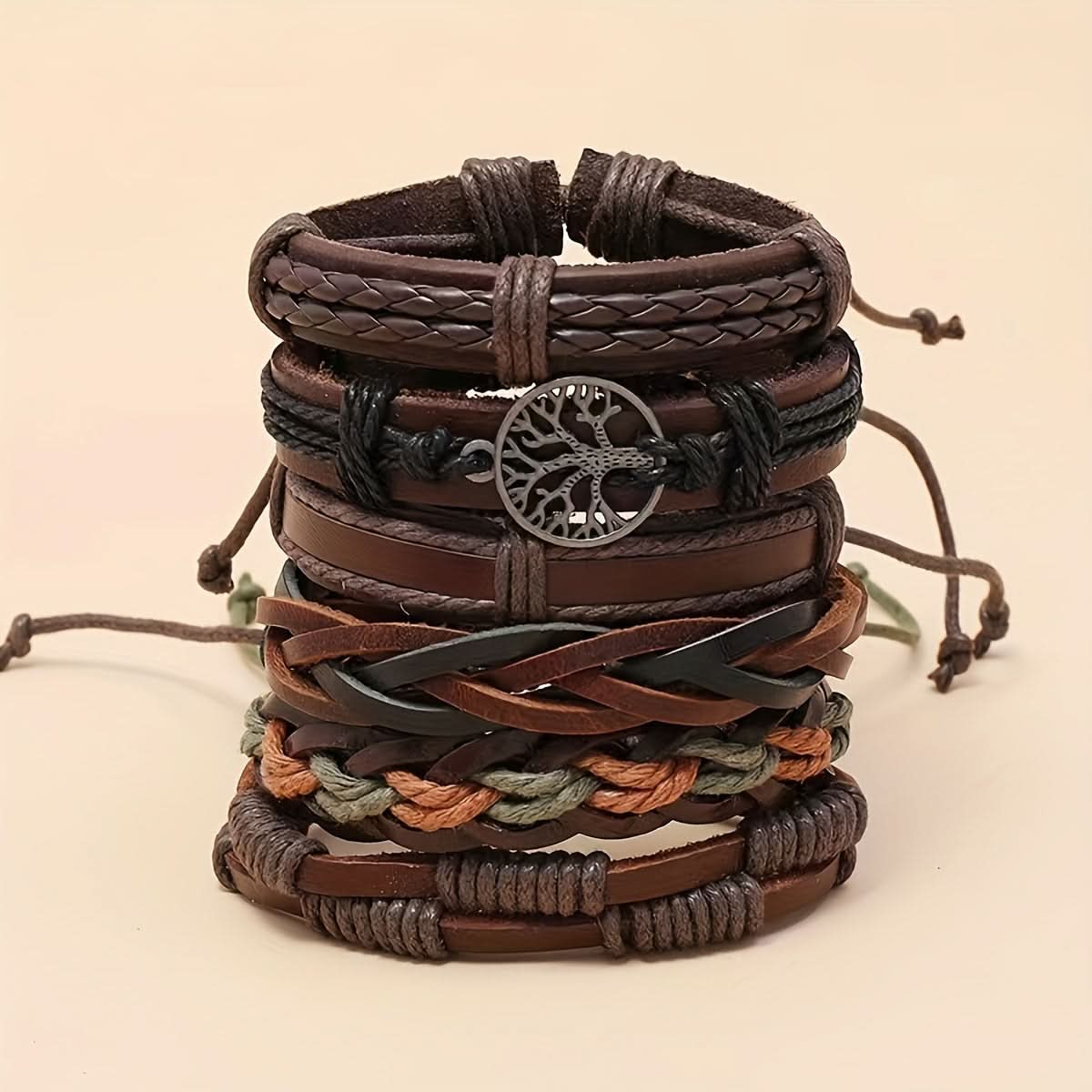 6-Piece Unisex Braided Leather Bracelet Set