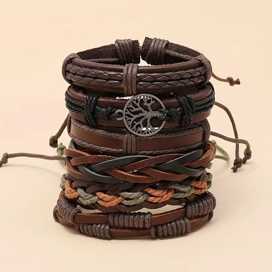 6-Piece Unisex Braided Leather Bracelet Set