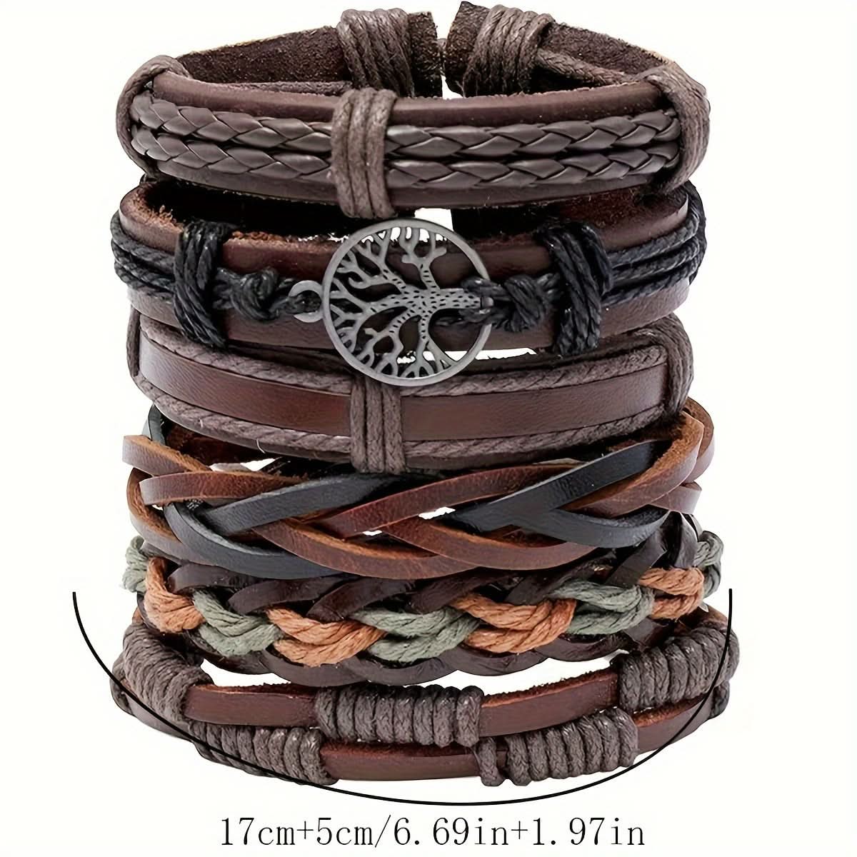 6-Piece Unisex Braided Leather Bracelet Set