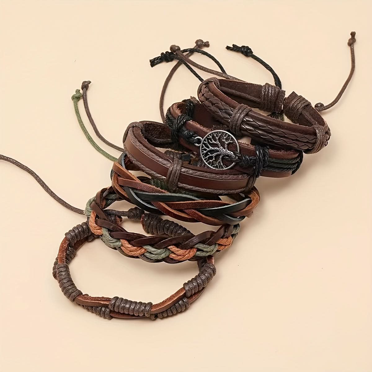 6-Piece Unisex Braided Leather Bracelet Set