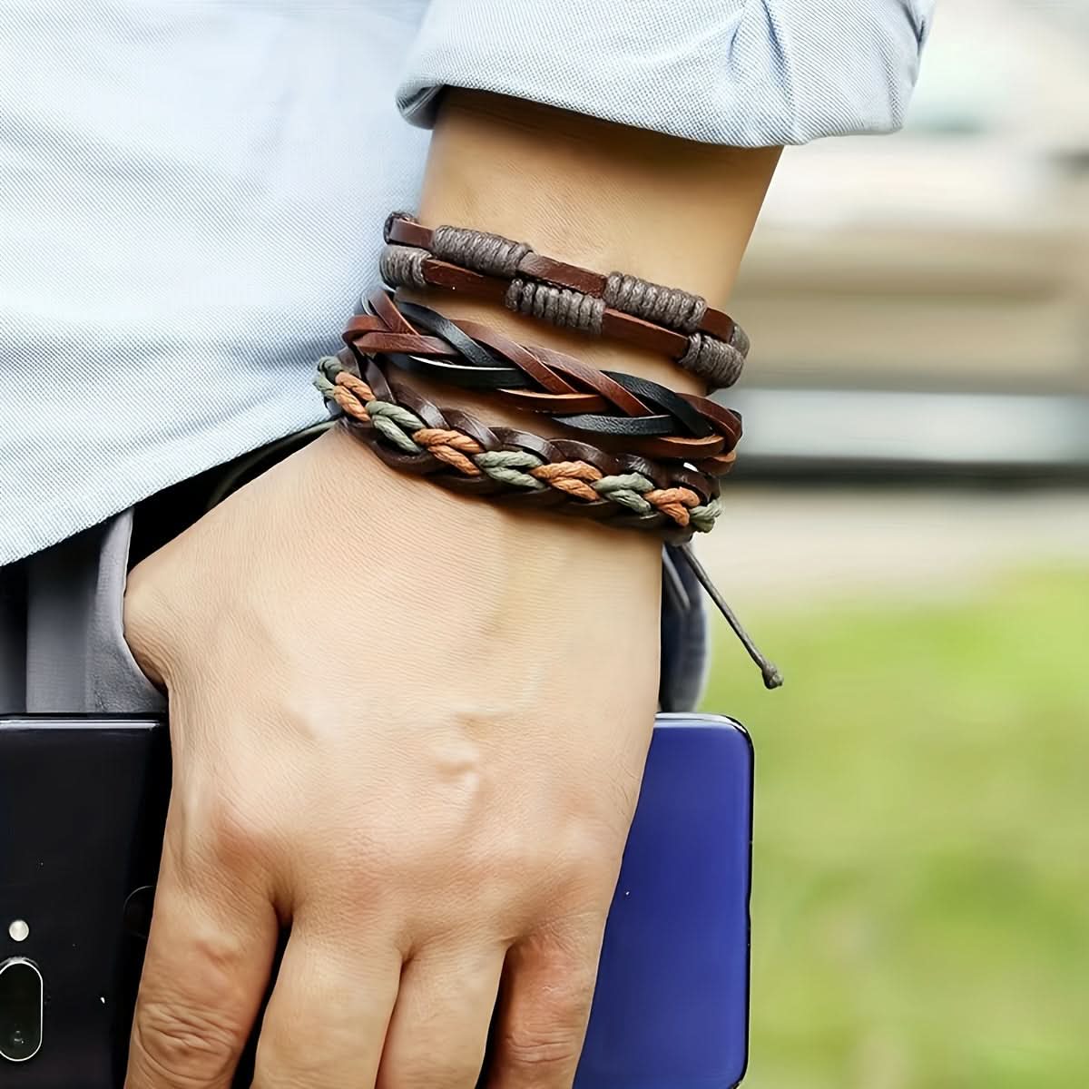 6-Piece Unisex Braided Leather Bracelet Set